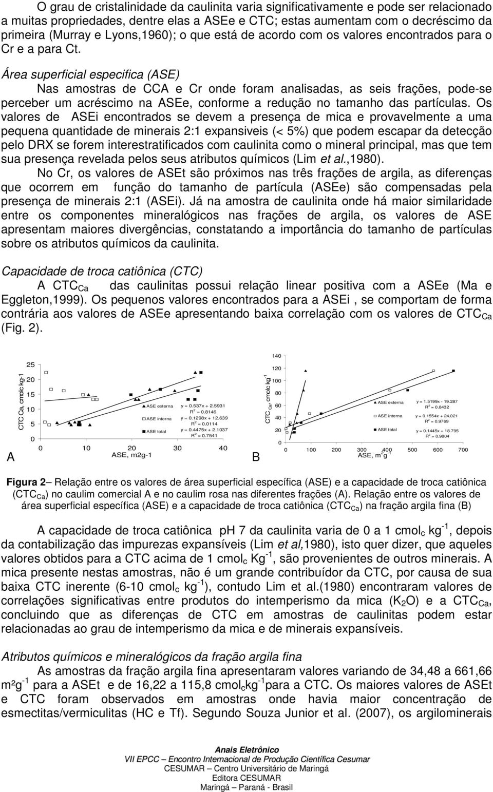 Área superficial especifica (ASE) Nas amostras de CCA e Cr onde foram analisadas, as seis frações, pode-se perceber um acréscimo na ASEe, conforme a redução no tamanho das partículas.