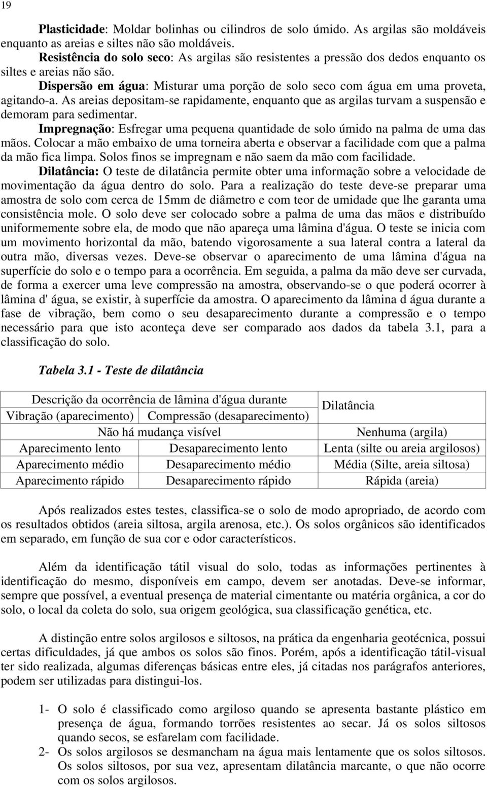 As areias depositam-se rapidamente, enquanto que as argilas turvam a suspensão e demoram para sedimentar. Impregnação: Esfregar uma pequena quantidade de solo úmido na palma de uma das mãos.