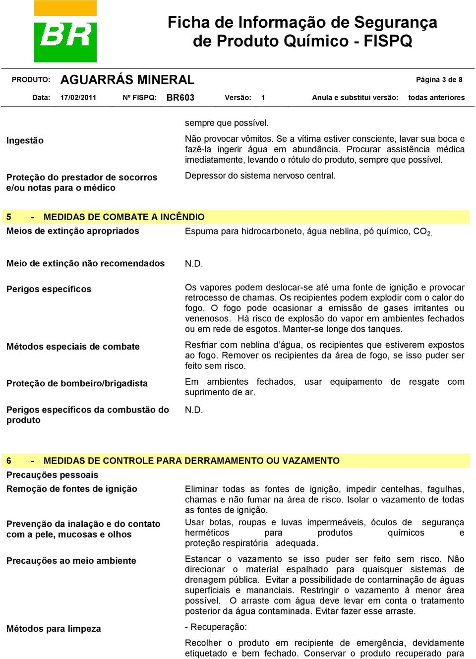 Depressor do sistema nervoso central. 5 - MEDIDAS DE COMBATE A INCÊNDIO Meios de extinção apropriados Espuma para hidrocarboneto, água neblina, pó químico, CO 2.