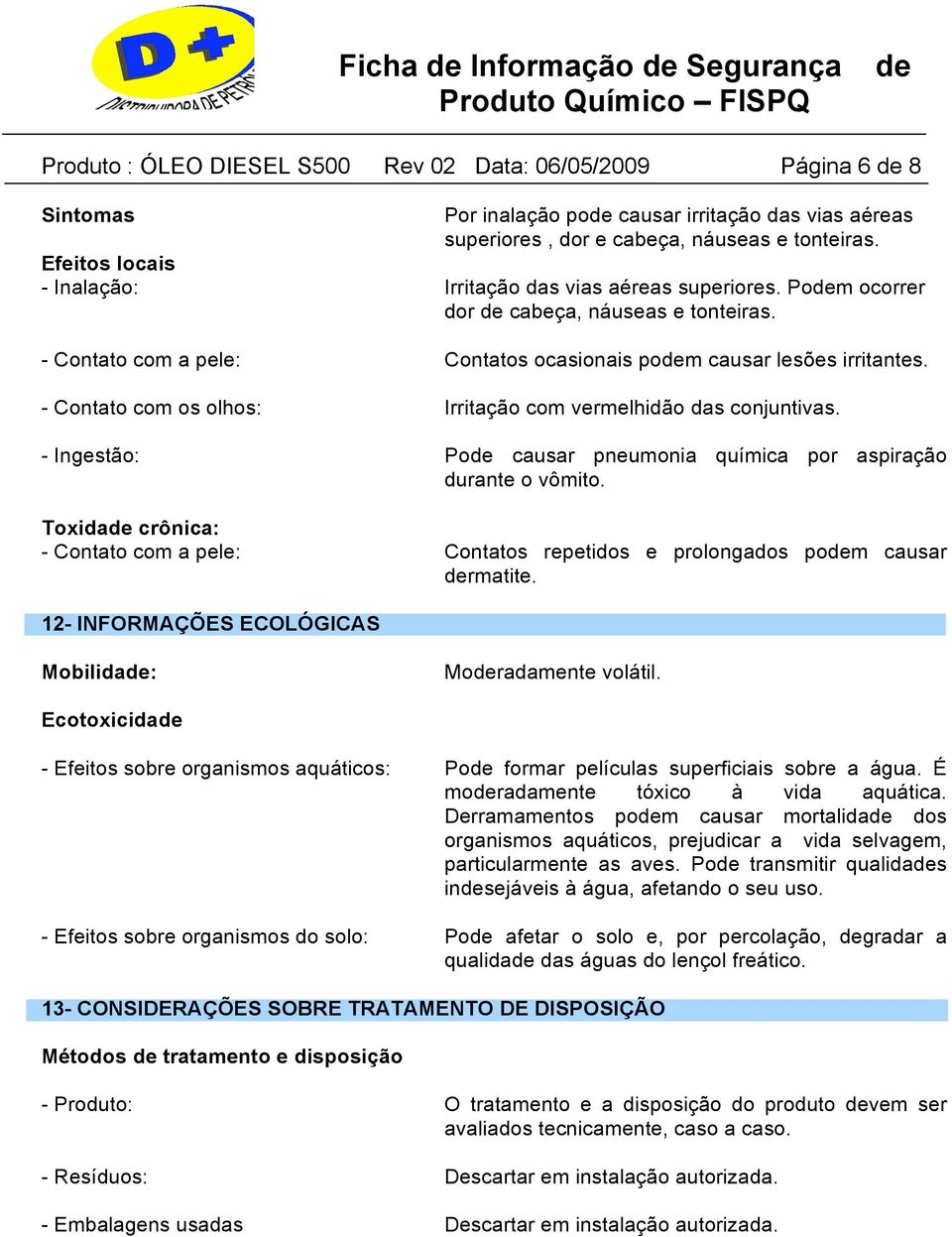 - Contato com os olhos: Irritação com vermelhidão das conjuntivas. - Ingestão: Po causar pneumonia química por aspiração durante o vômito.