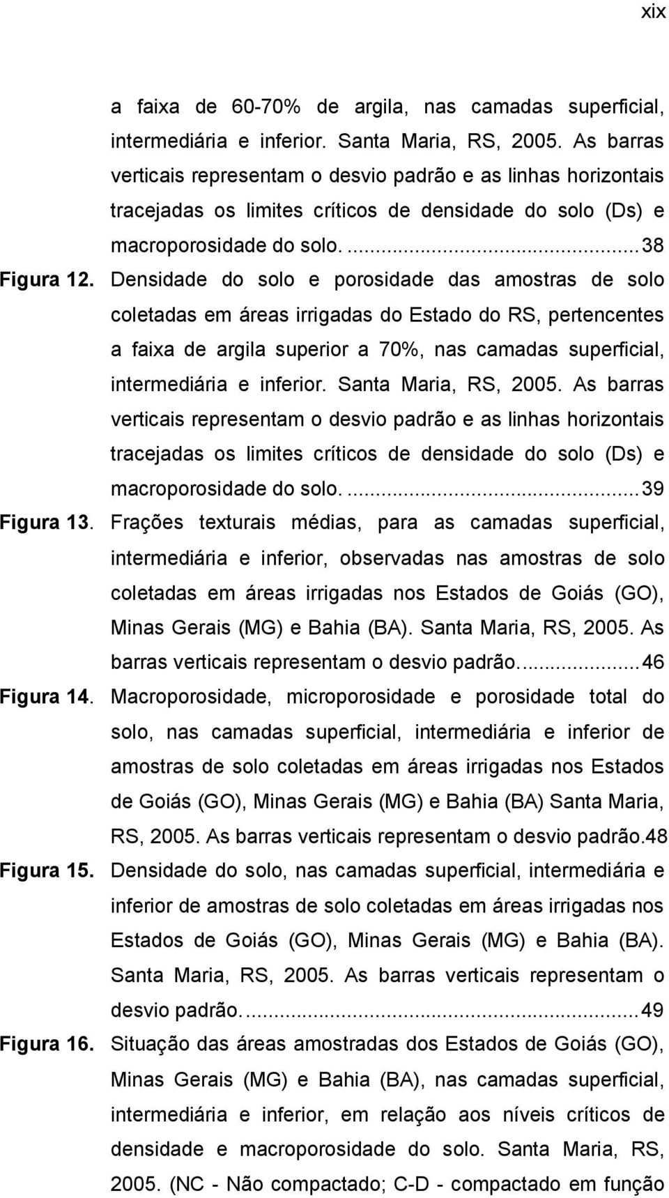 Densidade do solo e porosidade das amostras de solo coletadas em áreas irrigadas do Estado do RS, pertencentes a faixa de argila superior a 7%, nas camadas superficial, intermediária e inferior.