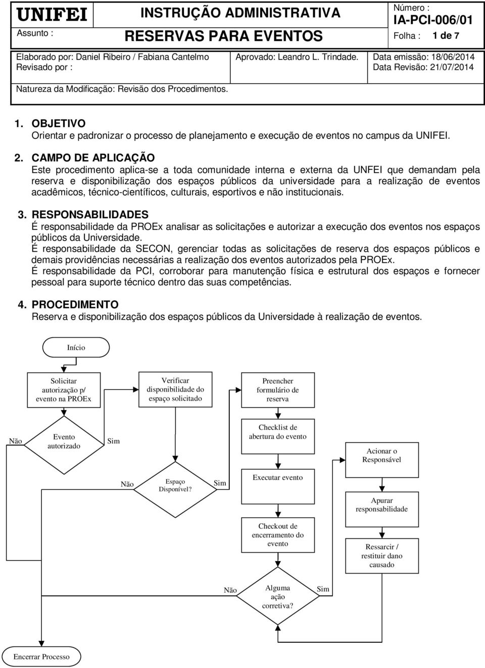 2. CAMPO DE APLICAÇÃO Este procedimento aplica-se a toda comunidade interna e externa da UNFEI que demandam pela reserva e disponibilização dos espaços públicos da universidade para a realização de