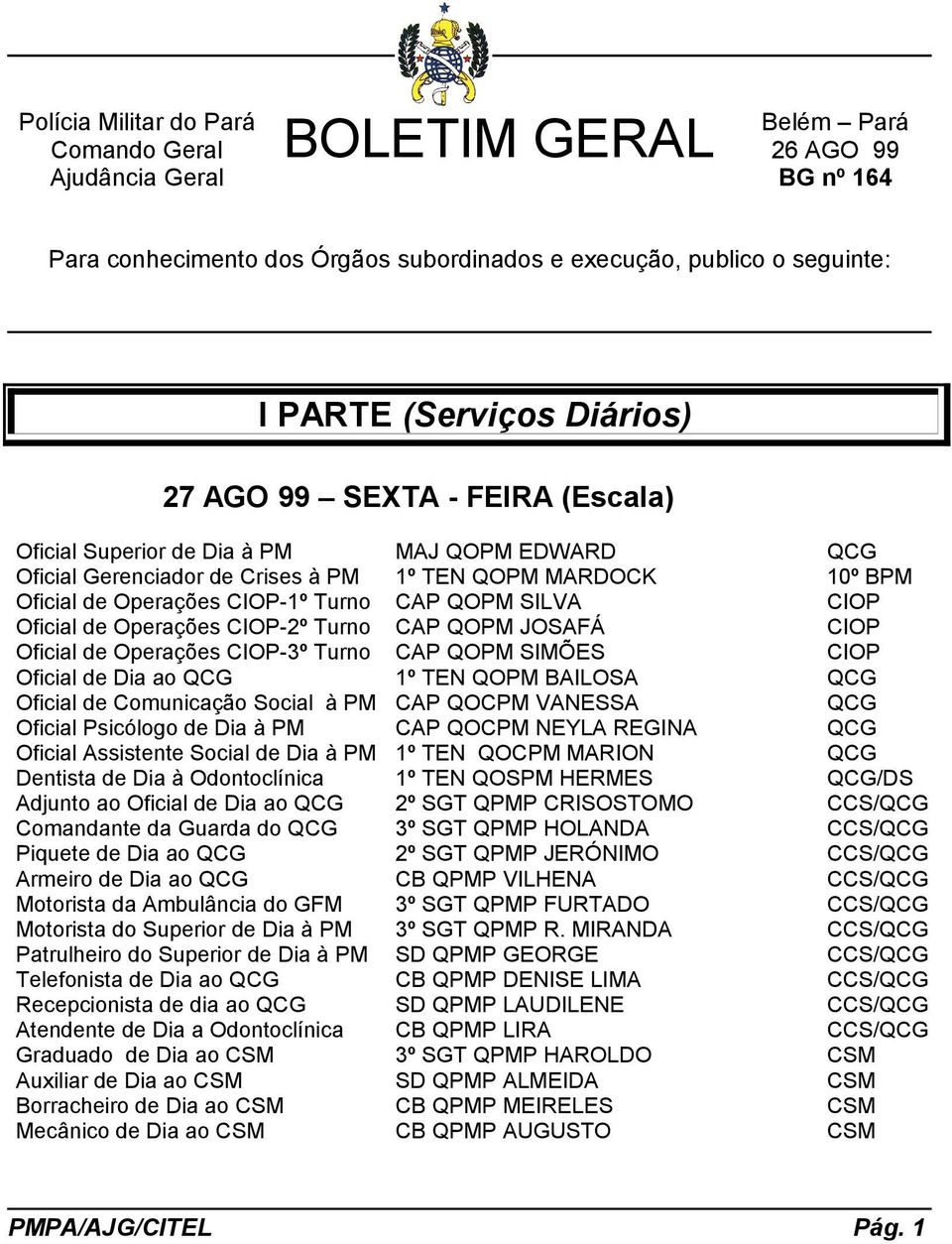 Oficial de Operações CIOP-2º Turno CAP QOPM JOSAFÁ CIOP Oficial de Operações CIOP-3º Turno CAP QOPM SIMÕES CIOP Oficial de Dia ao QCG 1º TEN QOPM BAILOSA QCG Oficial de Comunicação Social à PM CAP