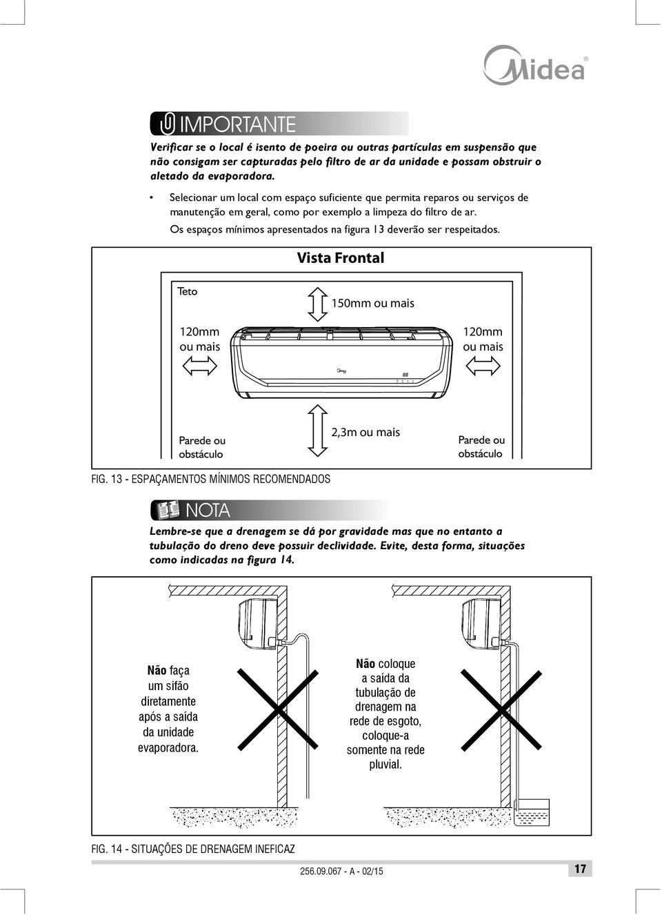 Os espaços mínimos apresentados na figura 13 deverão ser respeitados. Vista Frontal 150mm ou mais 120mm ou mais 120mm ou mais 2,3m ou mais FIG.