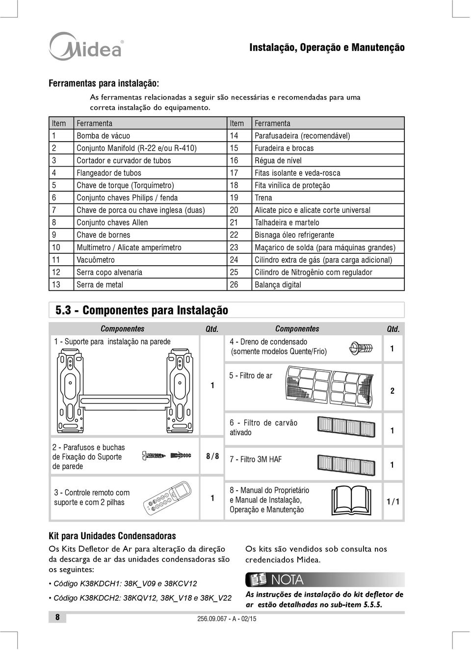 Flangeador de tubos 17 Fitas isolante e veda-rosca 5 Chave de torque (Torquímetro) 18 Fita vinílica de proteção 6 Conjunto chaves Philips / fenda 19 Trena 7 Chave de porca ou chave inglesa (duas) 20