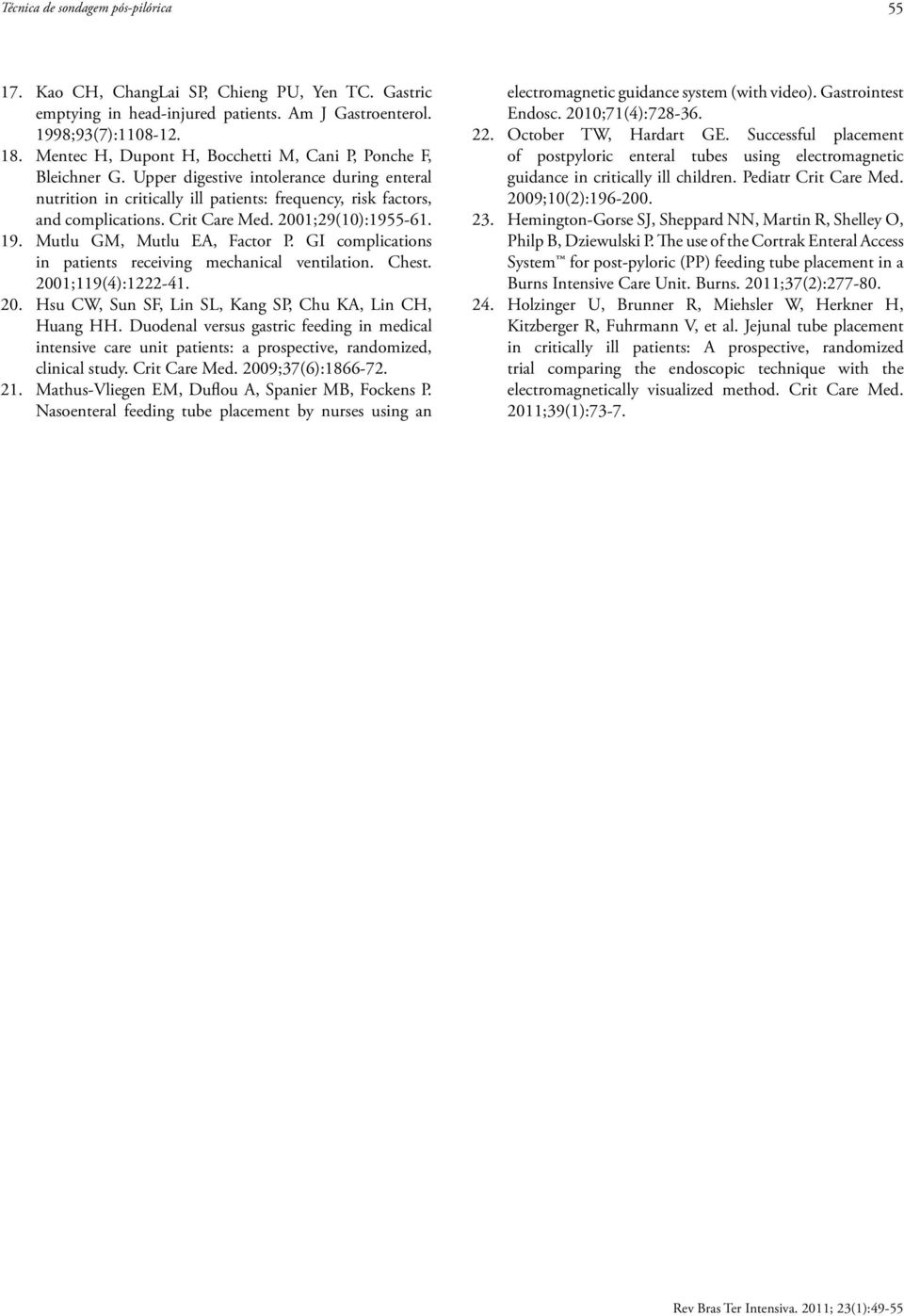 Crit Care Med. 2001;29(10):1955-61. 19. Mutlu GM, Mutlu EA, Factor P. GI complications in patients receiving mechanical ventilation. Chest. 2001;119(4):1222-41. 20. Hsu CW, Sun SF, Lin SL, Kang SP, Chu KA, Lin CH, Huang HH.