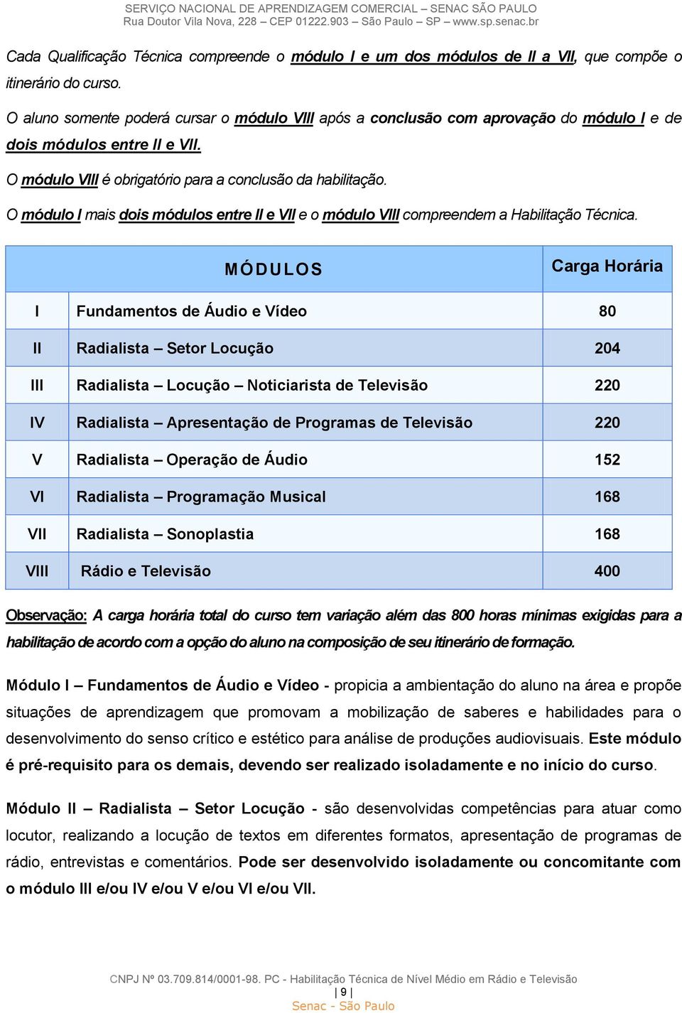 O módulo I mais dois módulos entre II e VII e o módulo VIII compreendem a Habilitação Técnica.