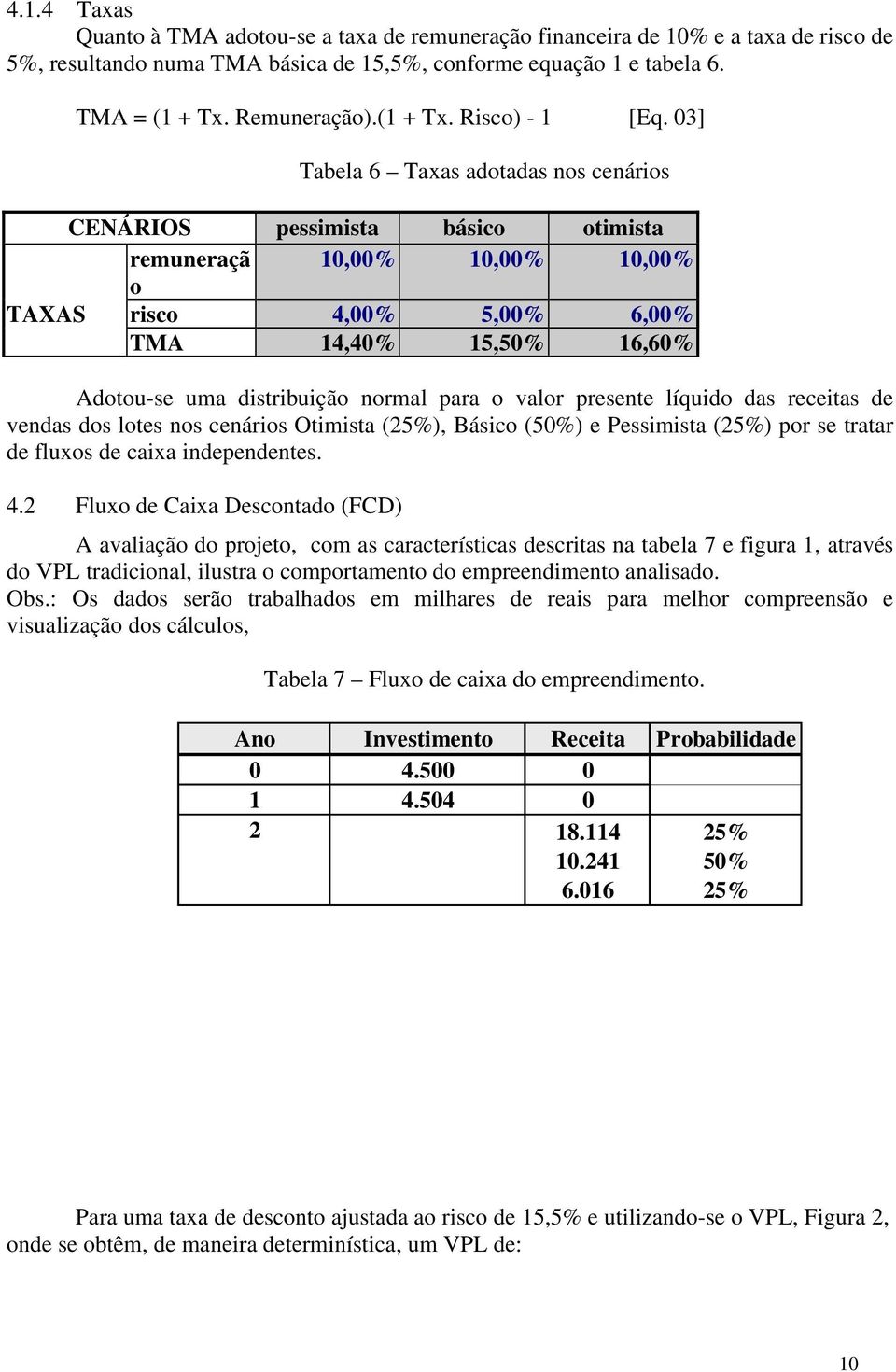 03] Tabela 6 Taxas adotadas nos cenários CENÁRIOS pessimista básico otimista remuneraçã 10,00% 10,00% 10,00% o TAXAS risco 4,00% 5,00% 6,00% TMA 14,40% 15,50% 16,60% Adotou-se uma distribuição normal