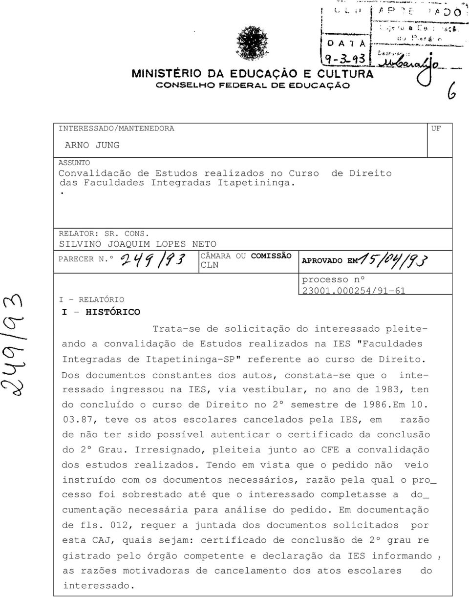 000254/91-61 Trata-se de solicitação do interessado pleite- ando a convalidação de Estudos realizados na IES "Faculdades Integradas de Itapetininga-SP" referente ao curso de Direito.