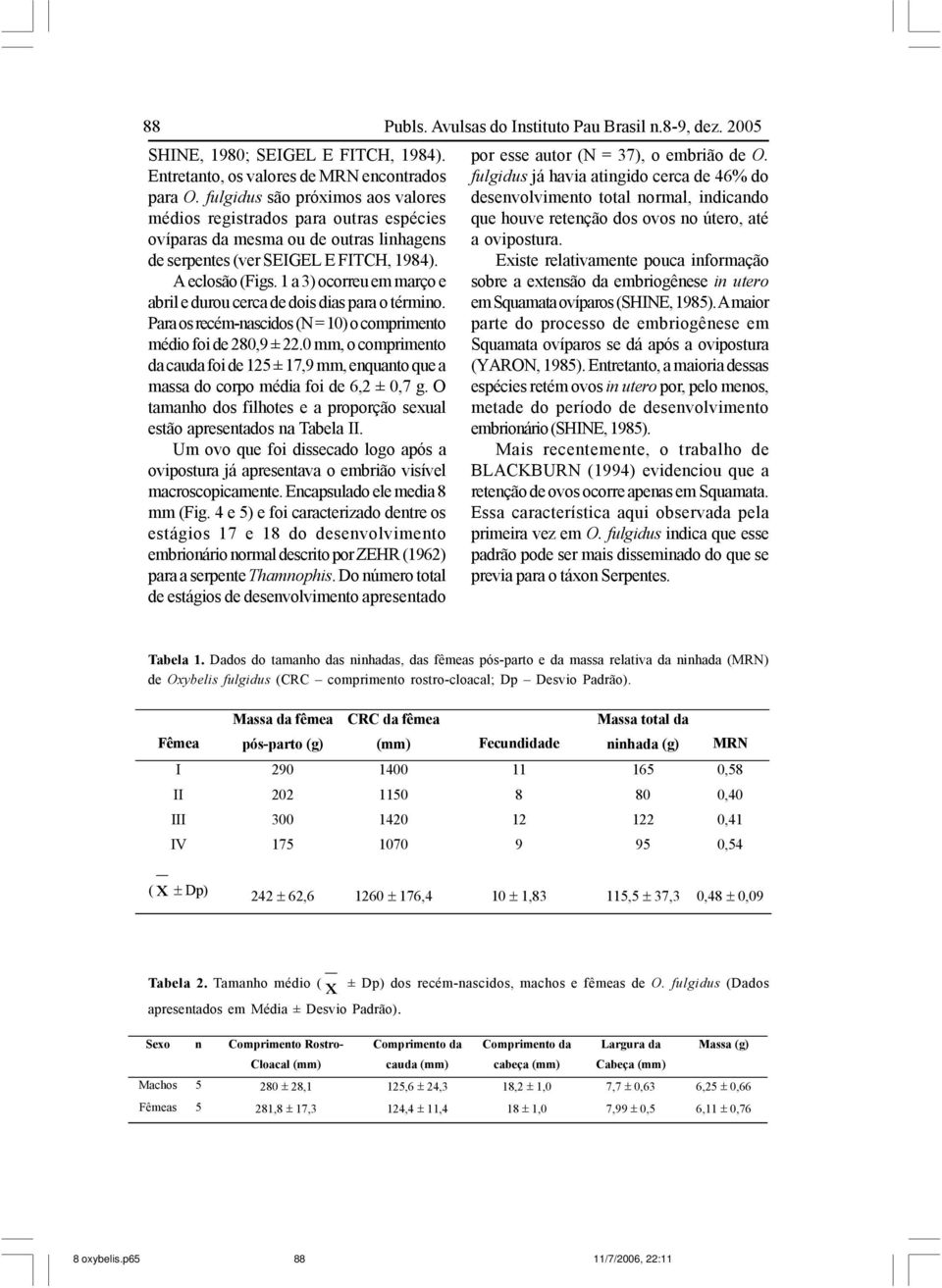 1 a 3) ocorreu em março e abril e durou cerca de dois dias para o término. Para os recém-nascidos (N = 10) o comprimento médio foi de 280,9 ± 22.