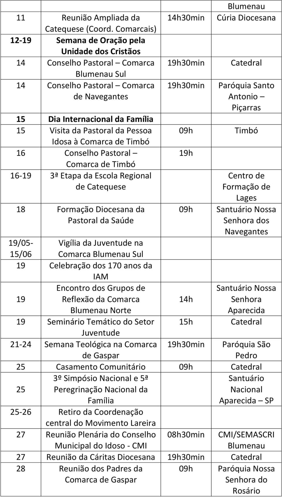 Idosa à Comarca de 16 Conselho Pastoral Comarca de 16-19 3ª Etapa da Escola Regional de Catequese 18 Formação Diocesana da Pastoral da Saúde 14h30min 30min 30min Paróquia Santo Antonio Piçarras