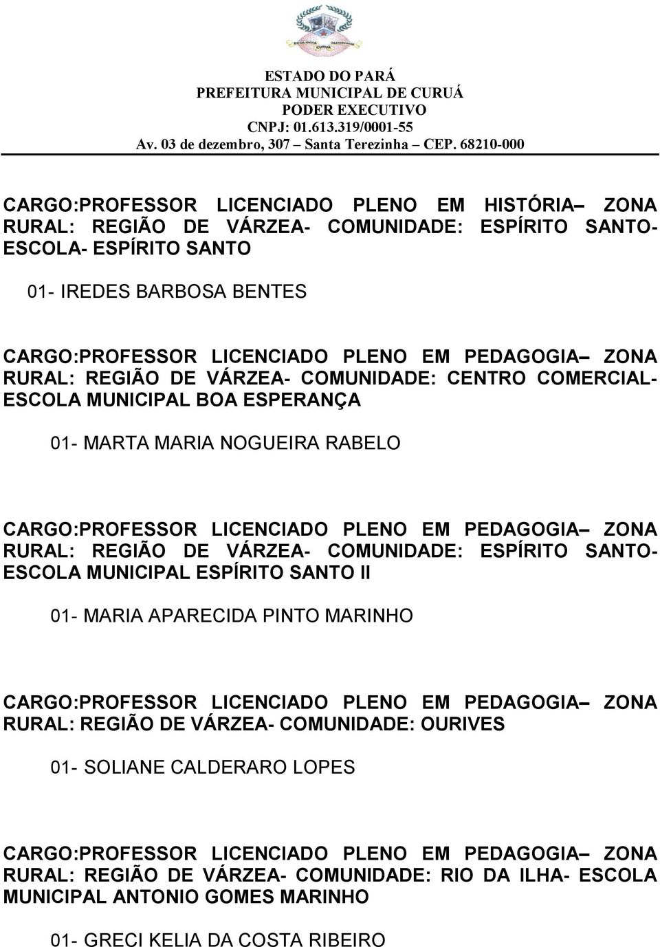 VÁRZEA- COMUNIDADE: ESPÍRITO SANTO- ESCOLA MUNICIPAL ESPÍRITO SANTO II 01- MARIA APARECIDA PINTO MARINHO CARGO:PROFESSOR LICENCIADO PLENO EM PEDAGOGIA ZONA RURAL: REGIÃO DE VÁRZEA- COMUNIDADE: