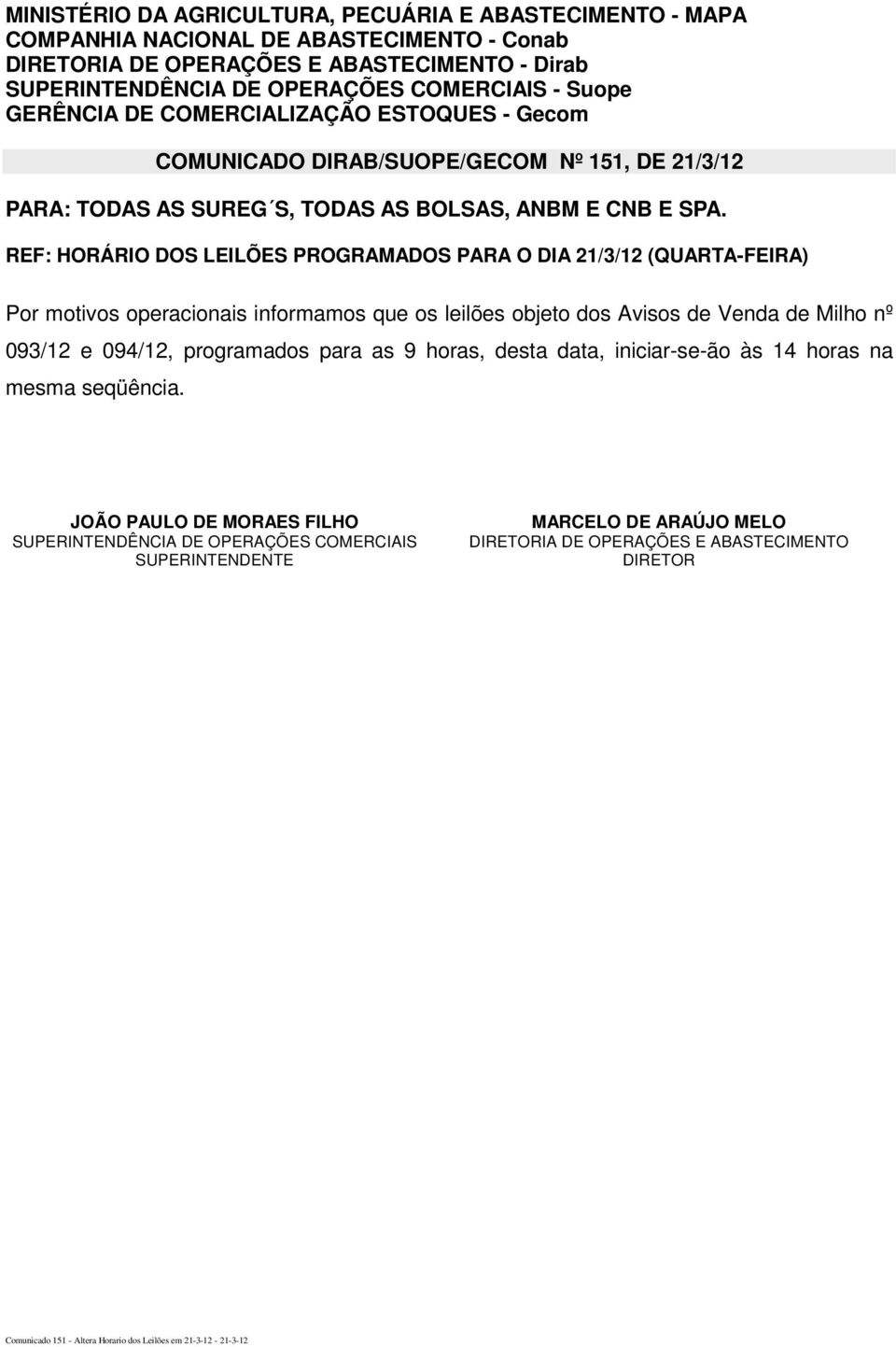 REF: HORÁRIO DOS LEILÕES PROGRAMADOS PARA O DIA 21/3/12 (QUARTA-FEIRA) Por motivos operacionais informamos que os leilões objeto dos Avisos de Venda