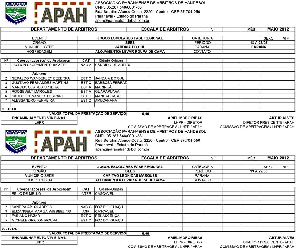 ORTEGA EST A MARINGÁ 5 ROOSEVELT MARQUES EST A GUARAPUAVA 6 SAULO FERNANDES FERRARI EST C MANDAGUAÇU 7 ALESSANDRO FERREIRA EST C APUCARANA ENCAMINHAMENTO VIA E-MAIL ARIEL MORO RIBAS ARTUR ALVES ÓRGÃO