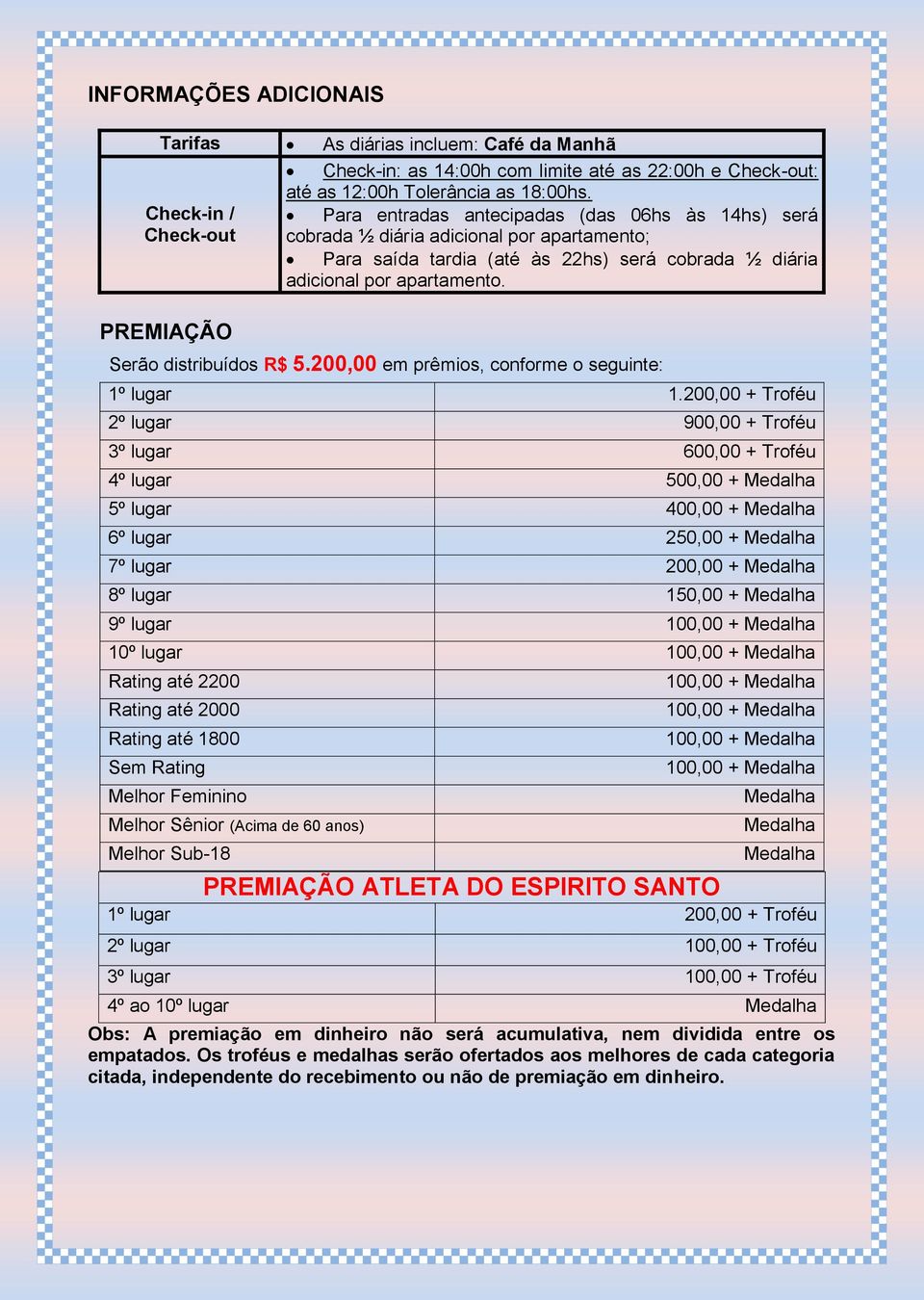 PREMIAÇÃO Serão distribuídos R$ 5.200,00 em prêmios, conforme o seguinte: 1º lugar 1.