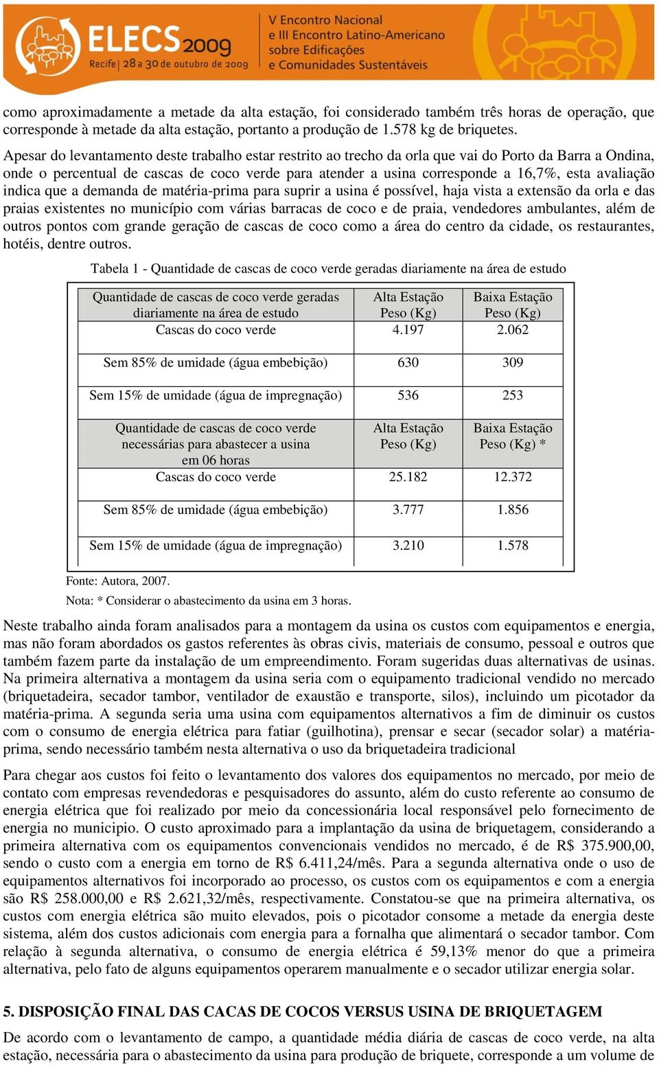 avaliação indica que a demanda de matéria-prima para suprir a usina é possível, haja vista a extensão da orla e das praias existentes no município com várias barracas de coco e de praia, vendedores