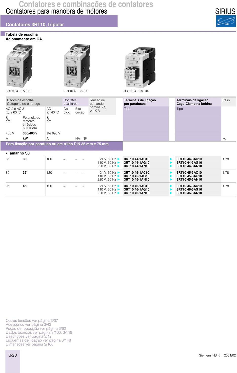 04 Dados de escolha Categoria de emprego C-2 e C-3 T u : a 60 C I e em Potencia de motores trifásicos 60 Hz em C-1 T u : 40 C I e em 400 V 380/400 V até 690 V Contatos auxiliares Código Execução