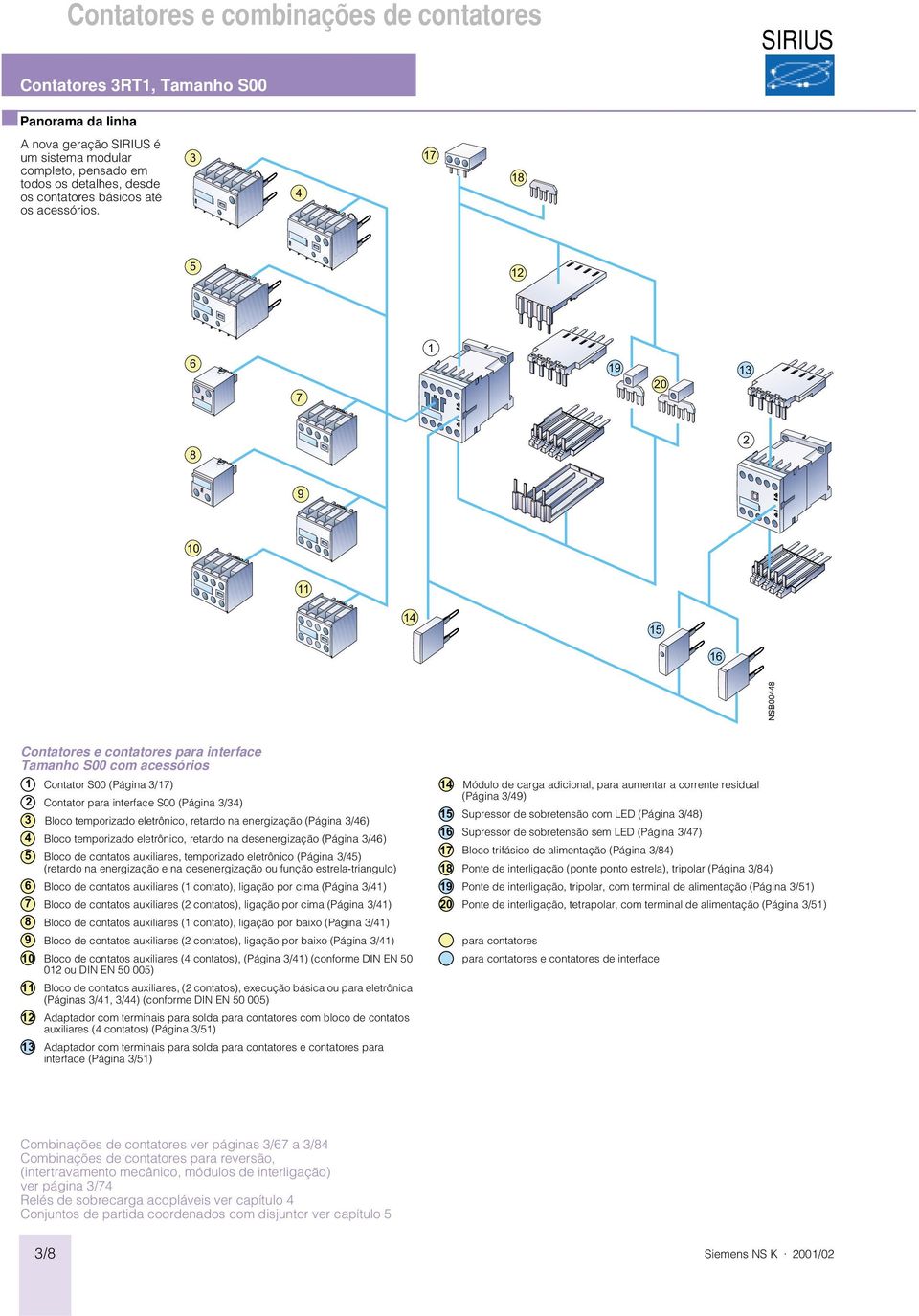3 4 17 18 5 12 1 6 7 19 20 13 8 2 9 10 11 14 15 16 NSB00448 Contatores e contatores para interface Tamanho S00 com acessórios 1 Contator S00 (Página 3/17) 2 Contator para interface S00 (Página 3/34)