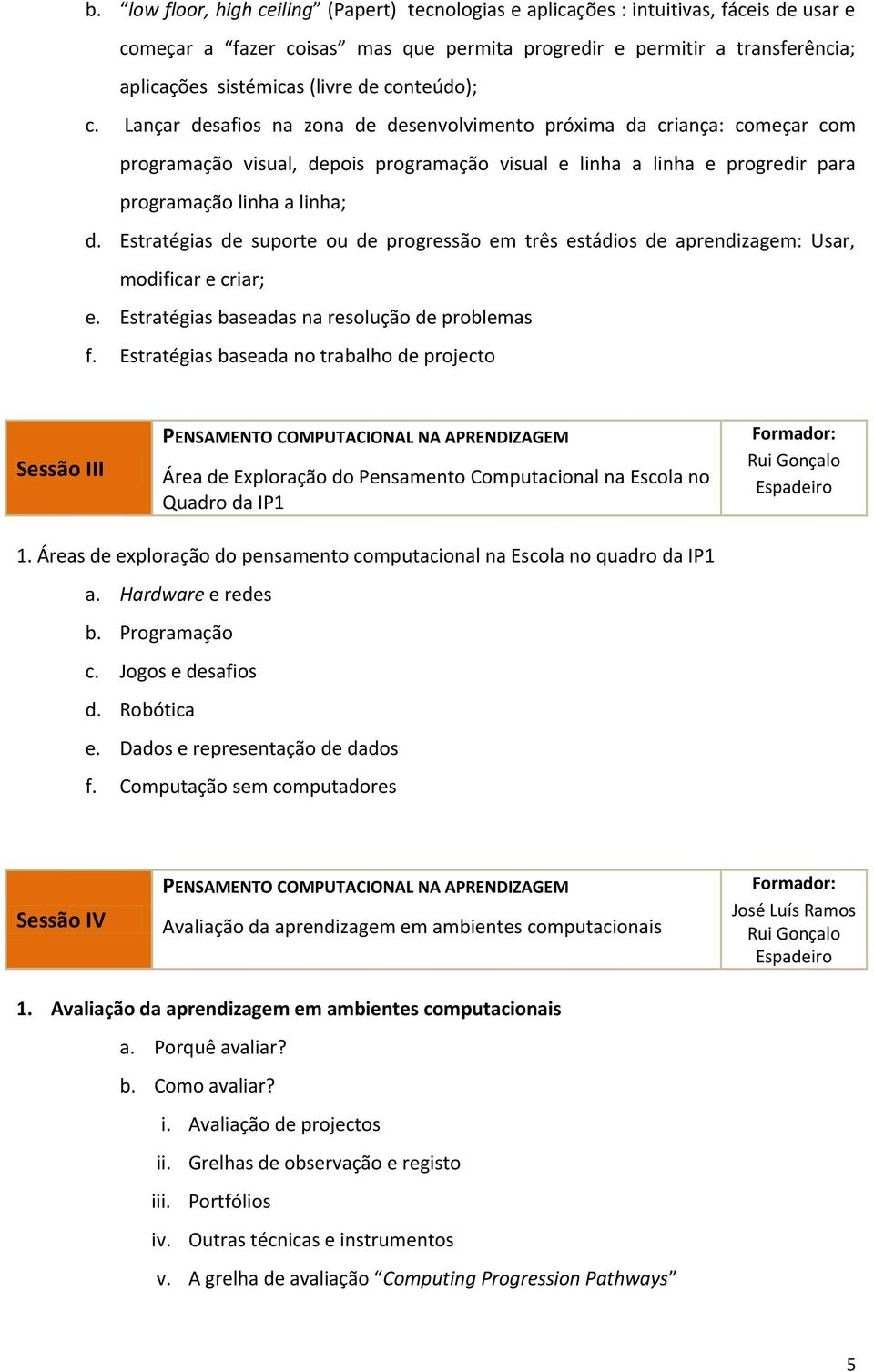 Estratégias de suporte ou de progressão em três estádios de aprendizagem: Usar, modificar e criar; e. Estratégias baseadas na resolução de problemas f.