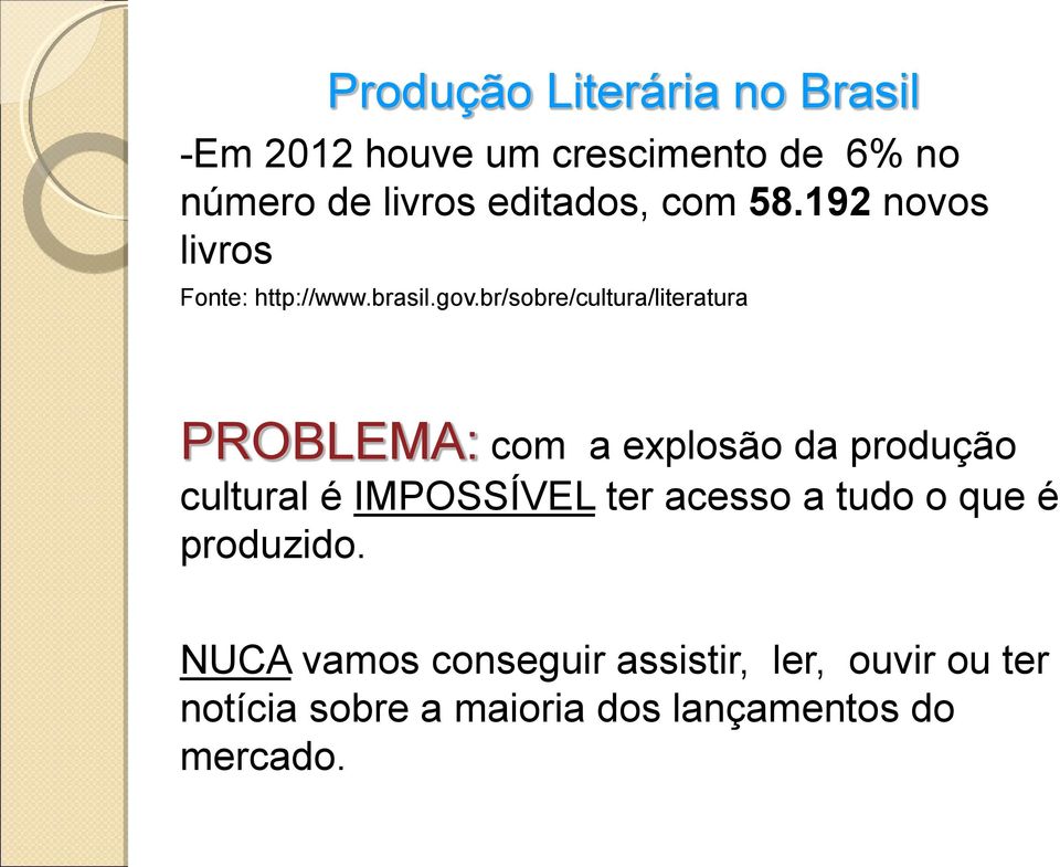 br/sobre/cultura/literatura PROBLEMA: com a explosão da produção cultural é IMPOSSÍVEL ter