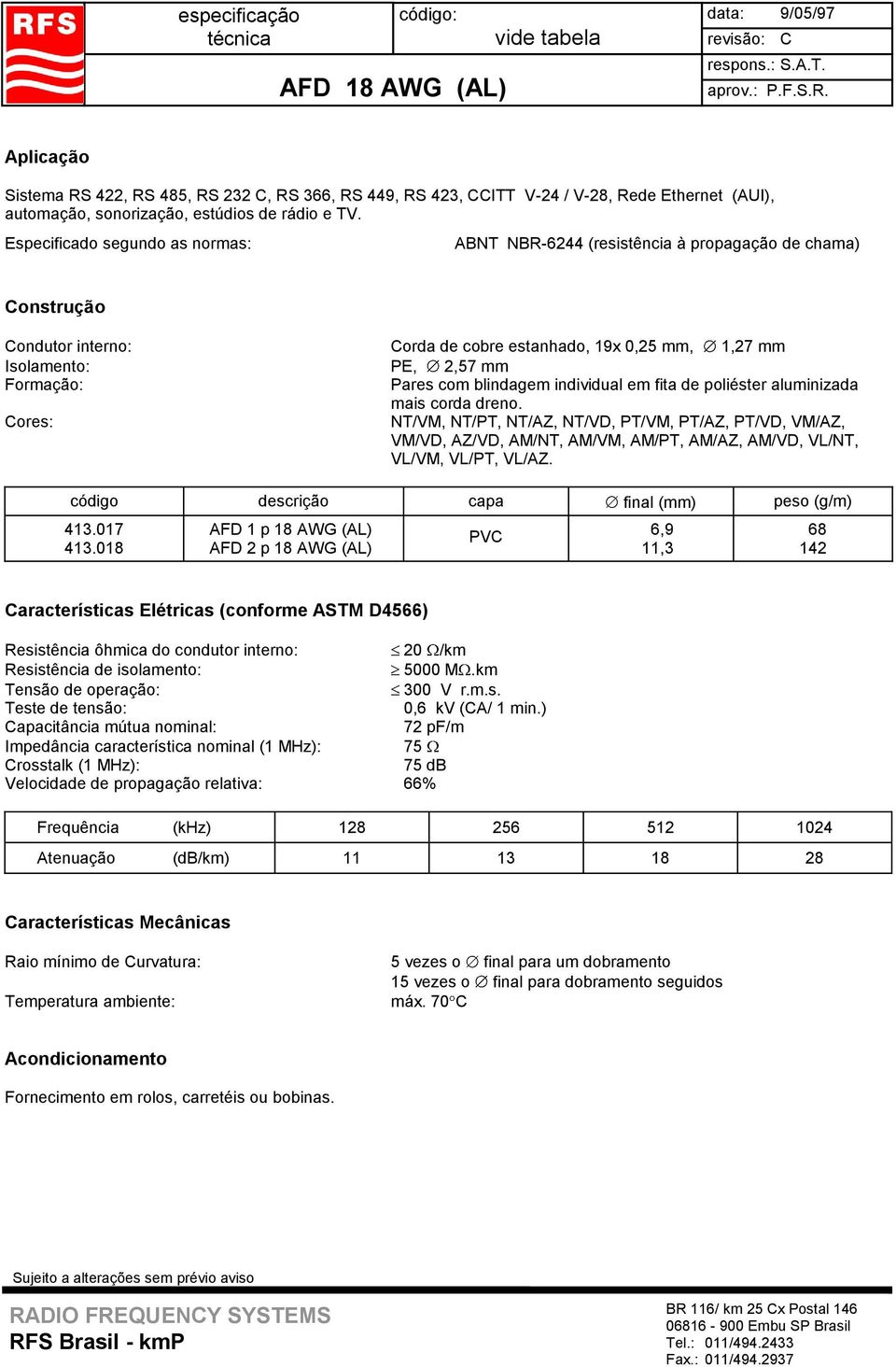 018 AFD 1 p 18 AWG (AL) AFD 2 p 18 AWG (AL) 6,9 11,3 68 142 Resistência