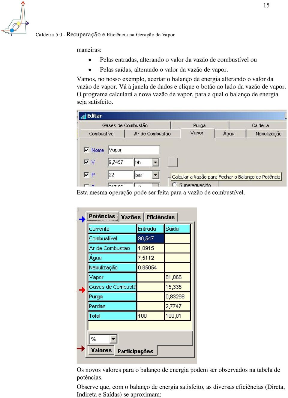 O programa calculará a nova vazão de vapor, para a qual o balanço de energia seja satisfeito. Esta mesma operação pode ser feita para a vazão de combustível.