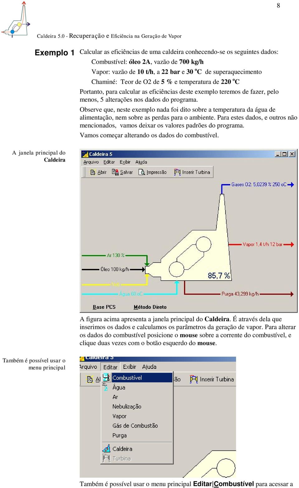 Observe que, neste exemplo nada foi dito sobre a temperatura da água de alimentação, nem sobre as perdas para o ambiente.