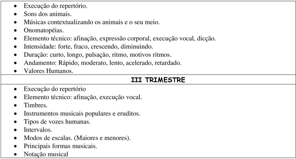 Duração: curto, longo, pulsação, ritmo, motivos ritmos. Andamento: Rápido, moderato, lento, acelerado, retardado. Valores Humanos.