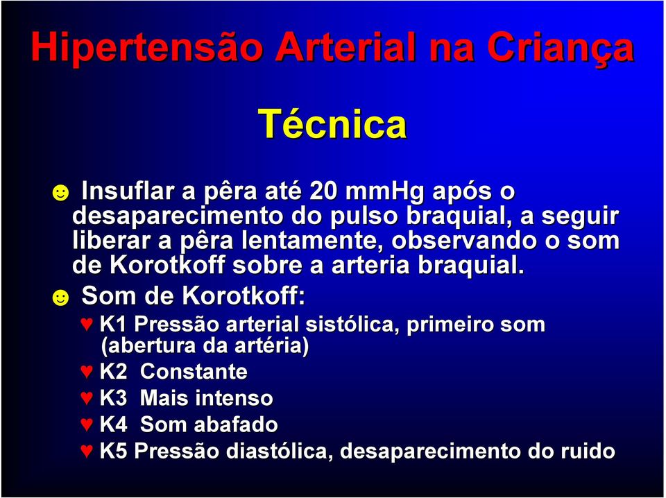 Som de Korotkoff: K1 Pressão arterial sistólica,, primeiro som (abertura da artéria)