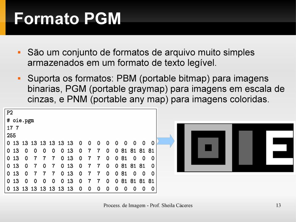 Suporta os formatos: PBM (portable bitmap) para imagens binarias, PGM (portable