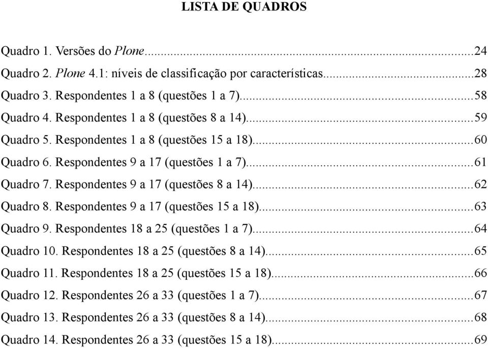 Respondentes 9 a 17 (questões 8 a 14)...62 Quadro 8. Respondentes 9 a 17 (questões 15 a 18)...63 Quadro 9. Respondentes 18 a 25 (questões 1 a 7)...64 Quadro 10.