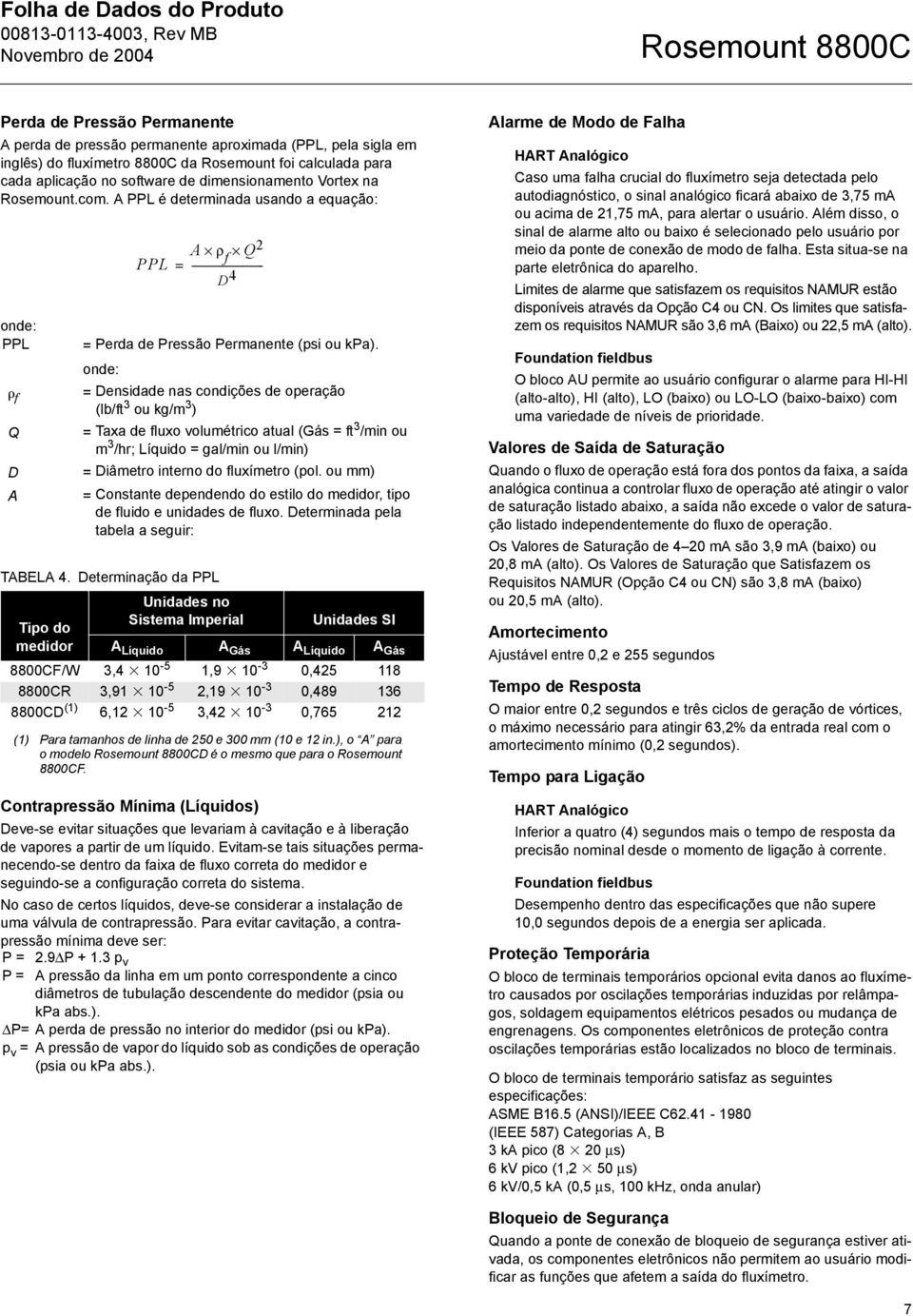 onde: = Densidade nas condições de operação (lb/ft 3 ou kg/m 3 ) = Taxa de fluxo volumétrico atual (Gás = ft 3 /min ou m 3 /hr; Líquido = gal/min ou l/min) = Diâmetro interno do fluxímetro (pol.