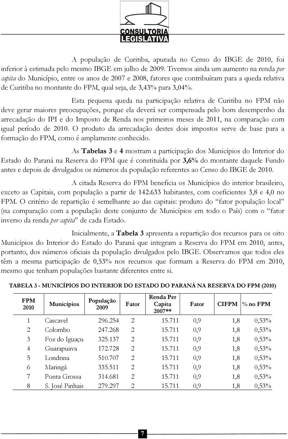 Esta pequena queda na participação relativa de Curitiba no não deve gerar maiores preocupações, porque ela deverá ser compensada pelo bom desempenho da arrecadação do IPI e do Imposto de Renda nos