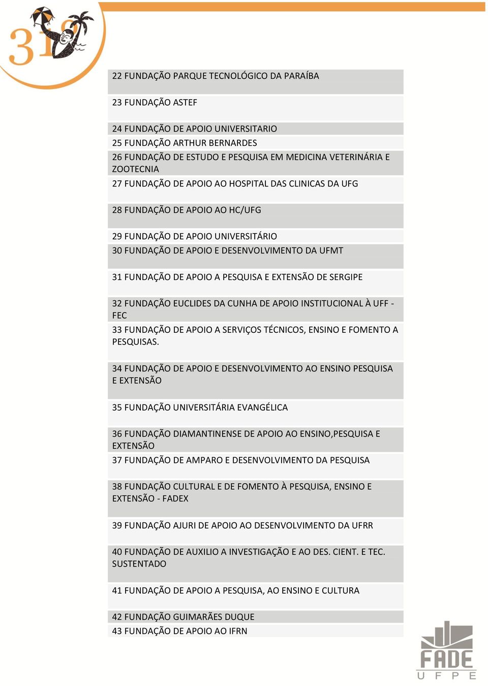 EXTENSÃO DE SERGIPE 32 FUNDAÇÃO EUCLIDES DA CUNHA DE APOIO INSTITUCIONAL À UFF - FEC 33 FUNDAÇÃO DE APOIO A SERVIÇOS TÉCNICOS, ENSINO E FOMENTO A PESQUISAS.