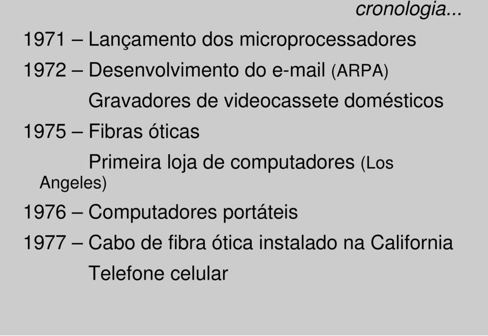 e-mail (ARPA) Gravadores de videocassete domésticos 1975 Fibras óticas