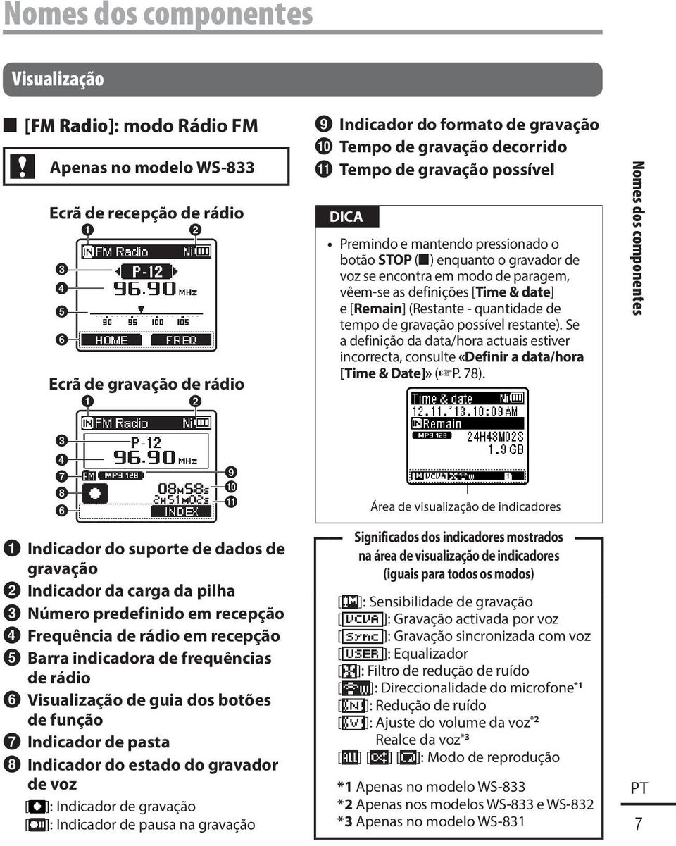 Tempo de gravação possível DICA Premindo e mantendo pressionado o botão STOP (4) enquanto o gravador de voz se encontra em modo de paragem, vêem-se as definições [Time & date] e [Remain] (Restante -