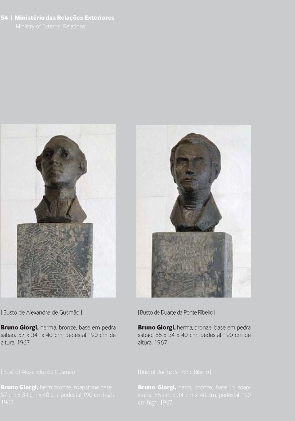 34 x 40 cm, pedestal 190 cm de altura, 1967 Bust of Alexandre de Gusmão Bruno Giorgi, herm, bronze, soapstone base 57 cm x 34 cm x 40 cm,