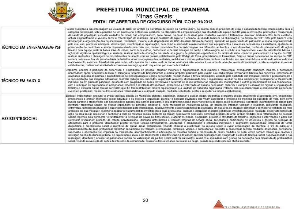 prevenção, promoção e recuperação da saúde da população; executar cuidados de rotina, que compreendem, entre outros, preparar as pessoas para consultas, exames e tratamento, ministrar medicamentos,