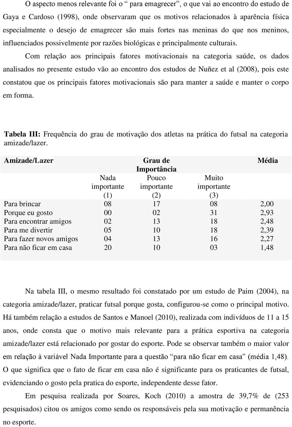 Com relação aos principais fatores motivacionais na categoria saúde, os dados analisados no presente estudo vão ao encontro dos estudos de Nuñez et al (2008), pois este constatou que os principais