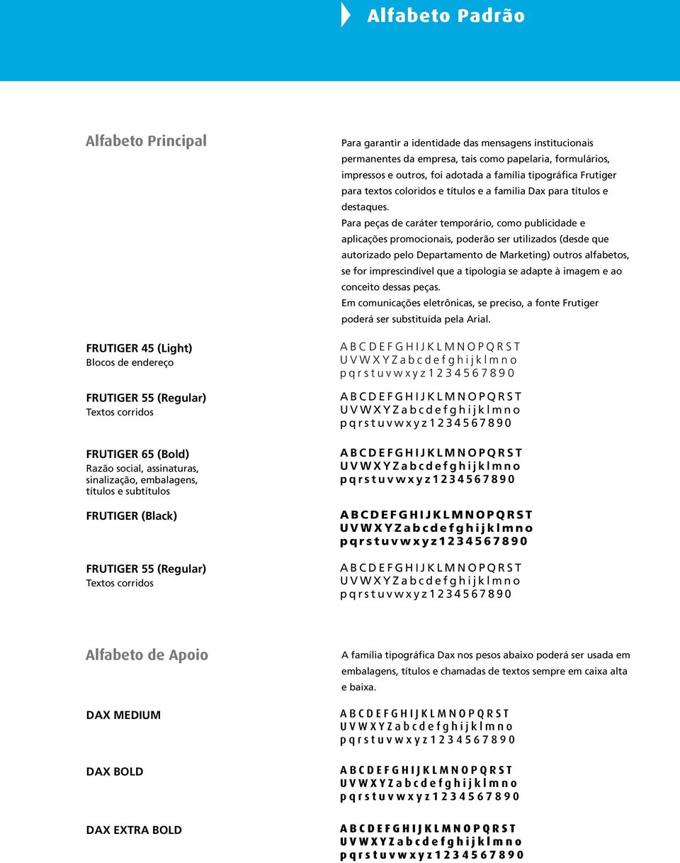 foi adotada a família tipográfica Frutiger para textos coloridos e títulos e a familia Dax para títulos e destaques.