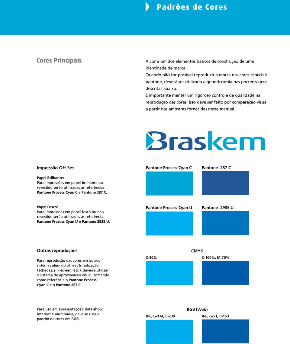 É importante manter um rigoroso controle de qualidade na reprodução das cores; isso deve ser feito por comparação visual a partir das amostras fornecidas neste manual.