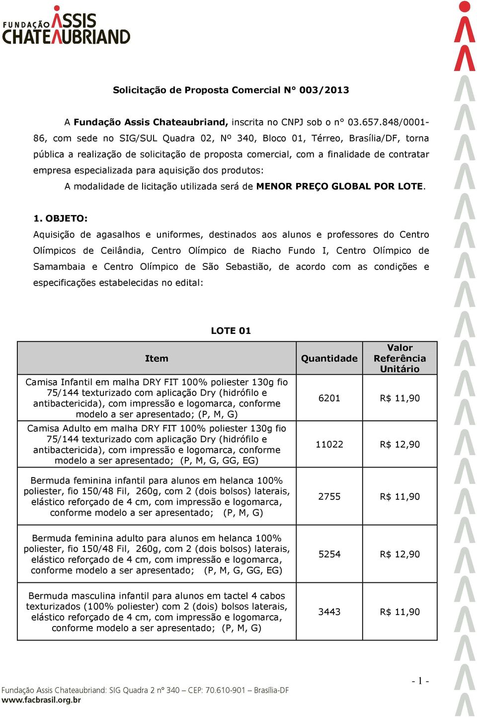 para aquisição dos produtos: A modalidade de licitação utilizada será de MENOR PREÇO GLOBAL POR LOTE. 1.