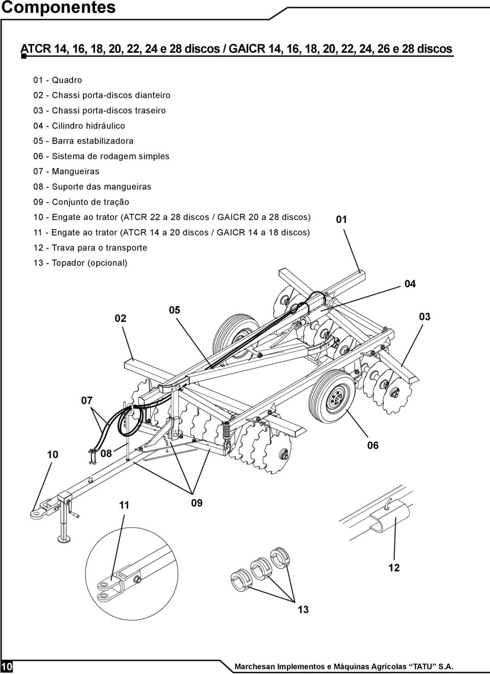 mangueiras 09 - Conjunto de tração 10 - Engate ao trator (ATCR 22 a 28 discos / GAICR 20 a 28 discos) 11 - Engate ao trator (ATCR 14 a 20 discos / GAICR