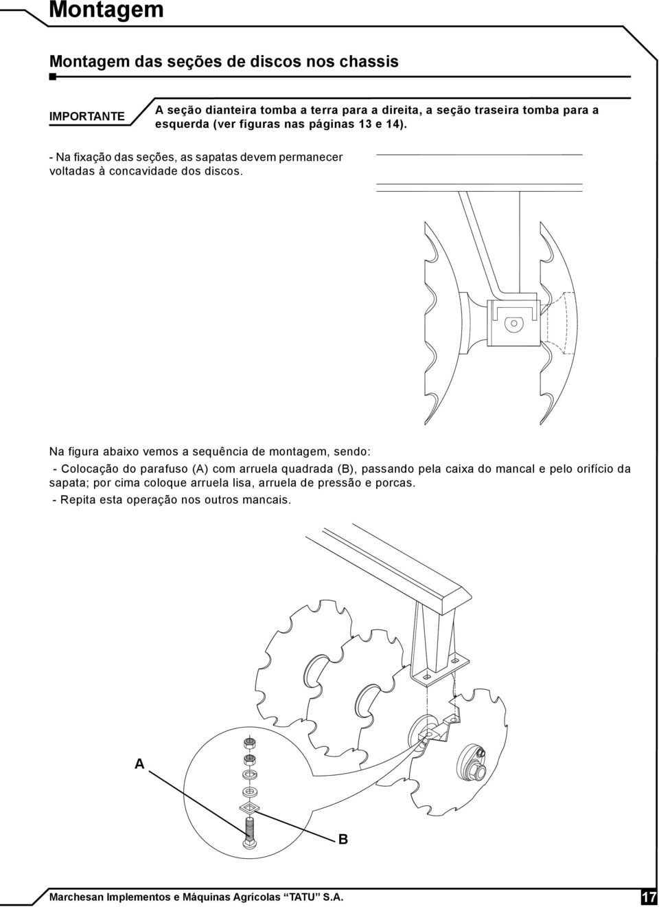 Na figura abaixo vemos a sequência de montagem, sendo: - Colocação do parafuso (A) com arruela quadrada (B), passando pela caixa do mancal e pelo