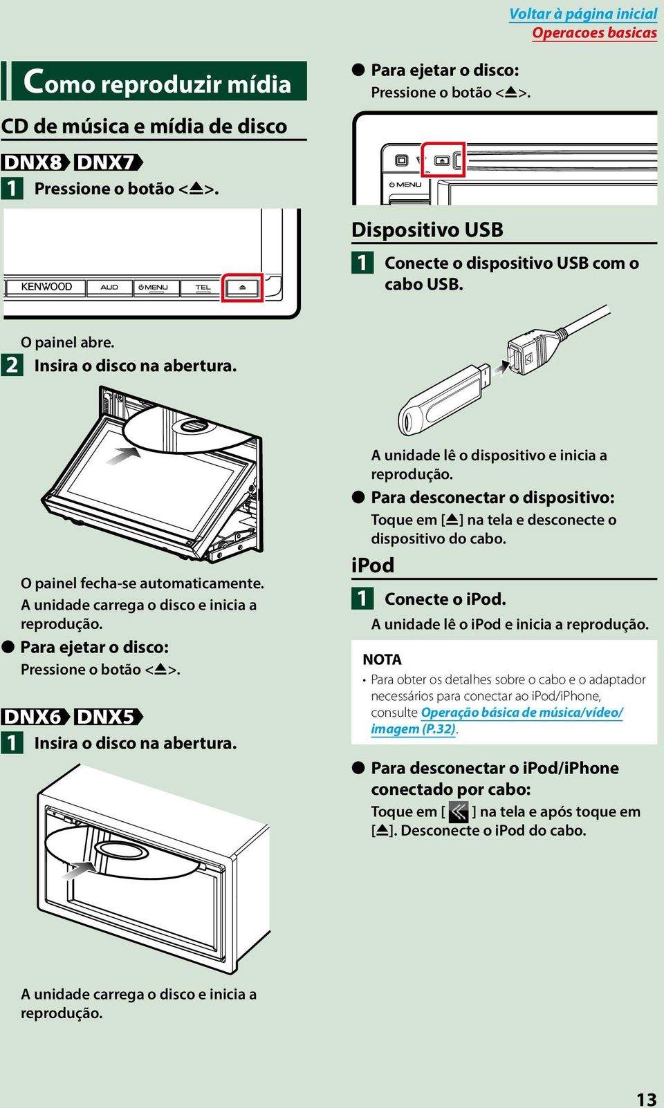 1 Insira o disco na abertura. A unidade lê o dispositivo e inicia a reprodução. Para desconectar o dispositivo: Toque em [0] na tela e desconecte o dispositivo do cabo. ipod 1 Conecte o ipod.