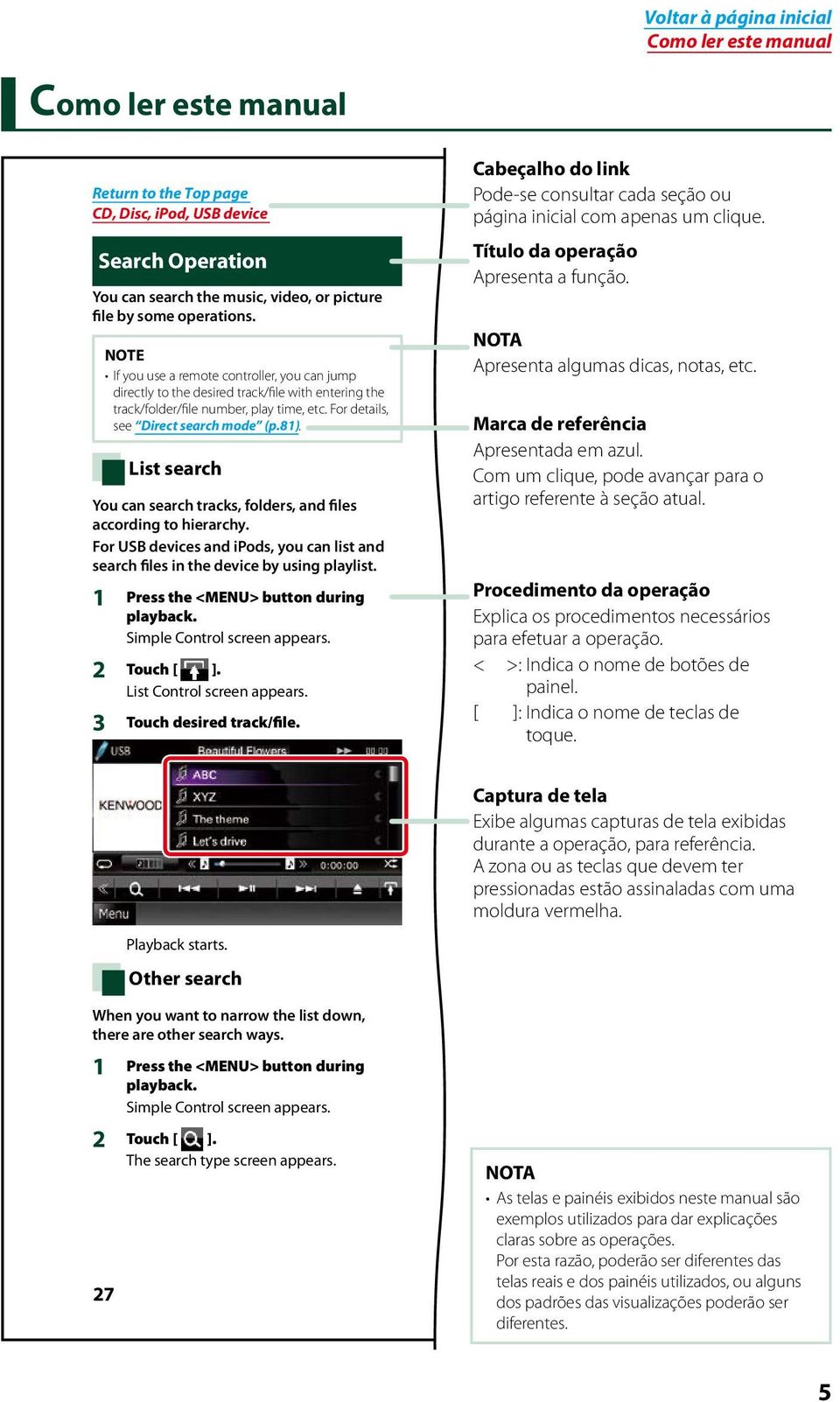 List search You can search tracks, folders, and files according to hierarchy. For USB devices and ipods, you can list and search files in the device by using playlist.