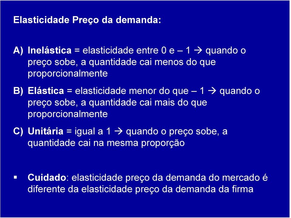 quantidade cai mais do que proporcionalmente C) Unitária = igual a 1 quando o preço sobe, a quantidade cai