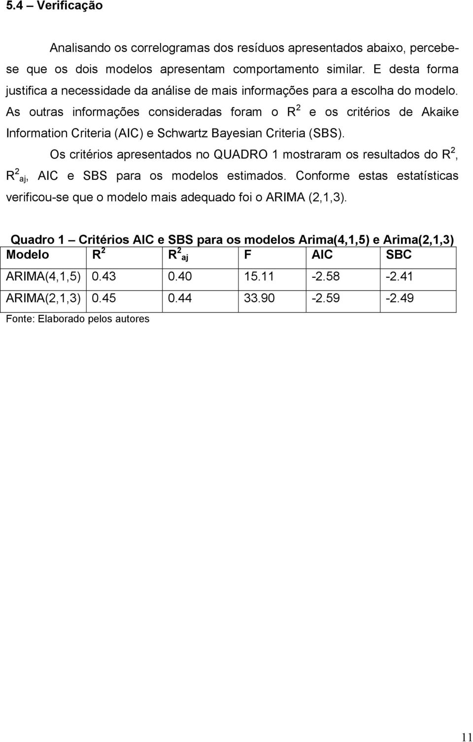 As outras informações consideradas foram o R 2 e os critérios de Akaike Information Criteria (AIC) e Schwartz Bayesian Criteria (SBS).