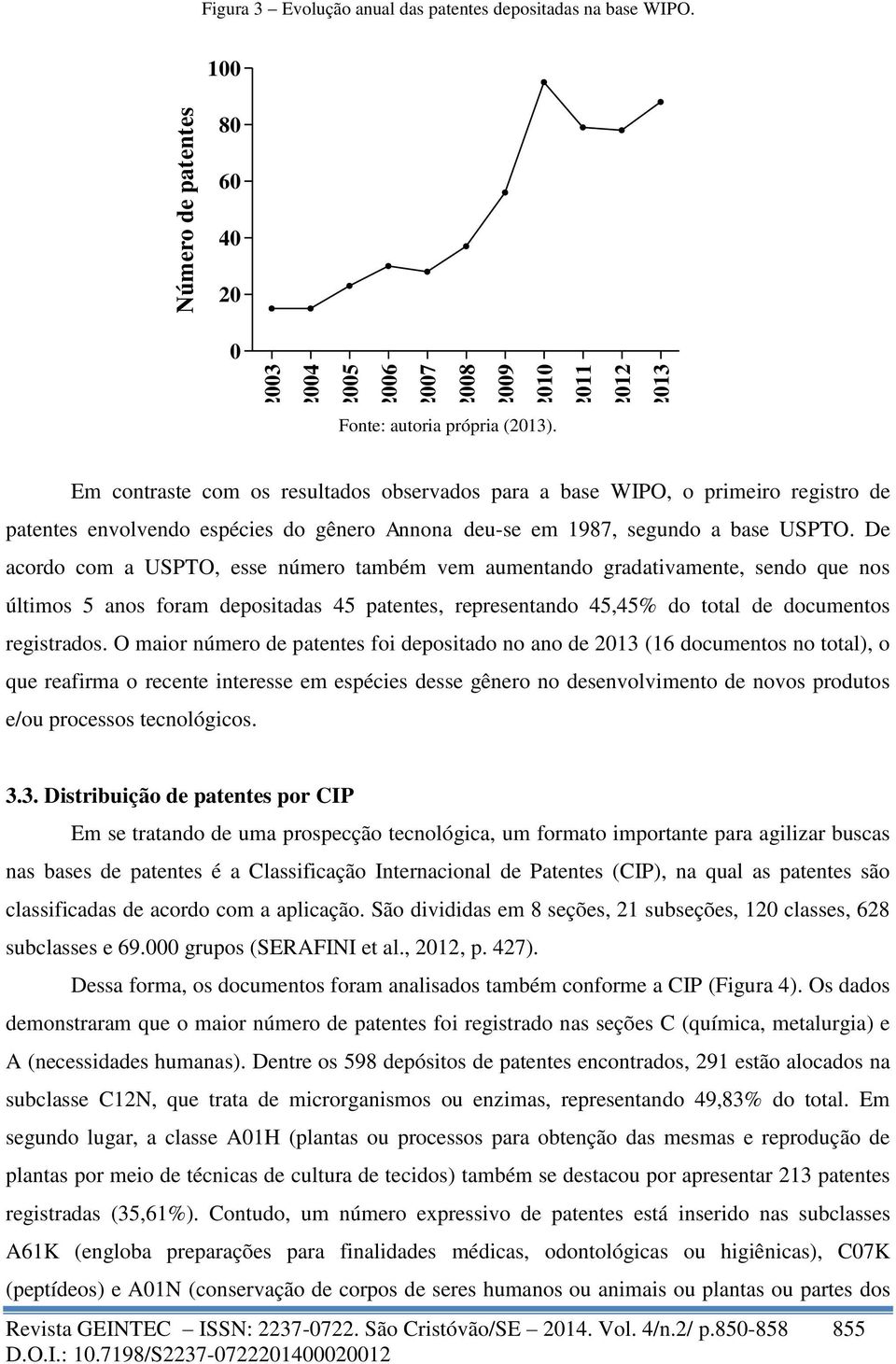 De acordo com a USPTO, esse número também vem aumentando gradativamente, sendo que nos últimos 5 anos foram depositadas 45 patentes, representando 45,45% do total de documentos registrados.