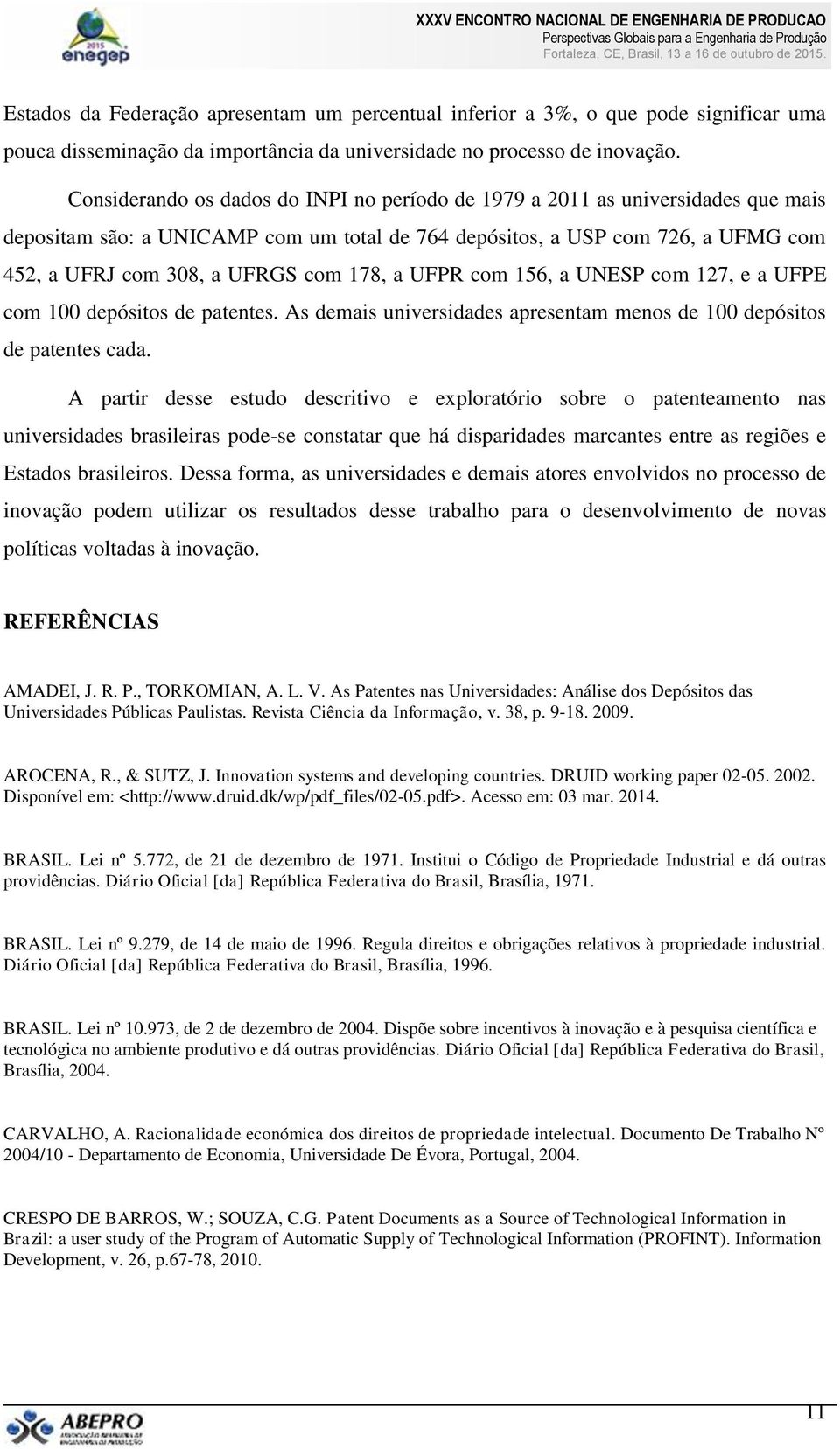 178, a UFPR com 156, a UNESP com 127, e a UFPE com 100 depósitos de patentes. As demais universidades apresentam menos de 100 depósitos de patentes cada.